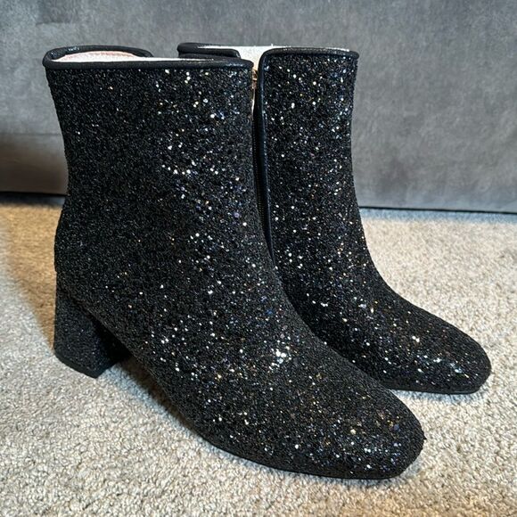 Women’s Black Glitter Covered Chunky Heeled Sparkly Boots Size 9.5 NEW - Picture 1 of 12